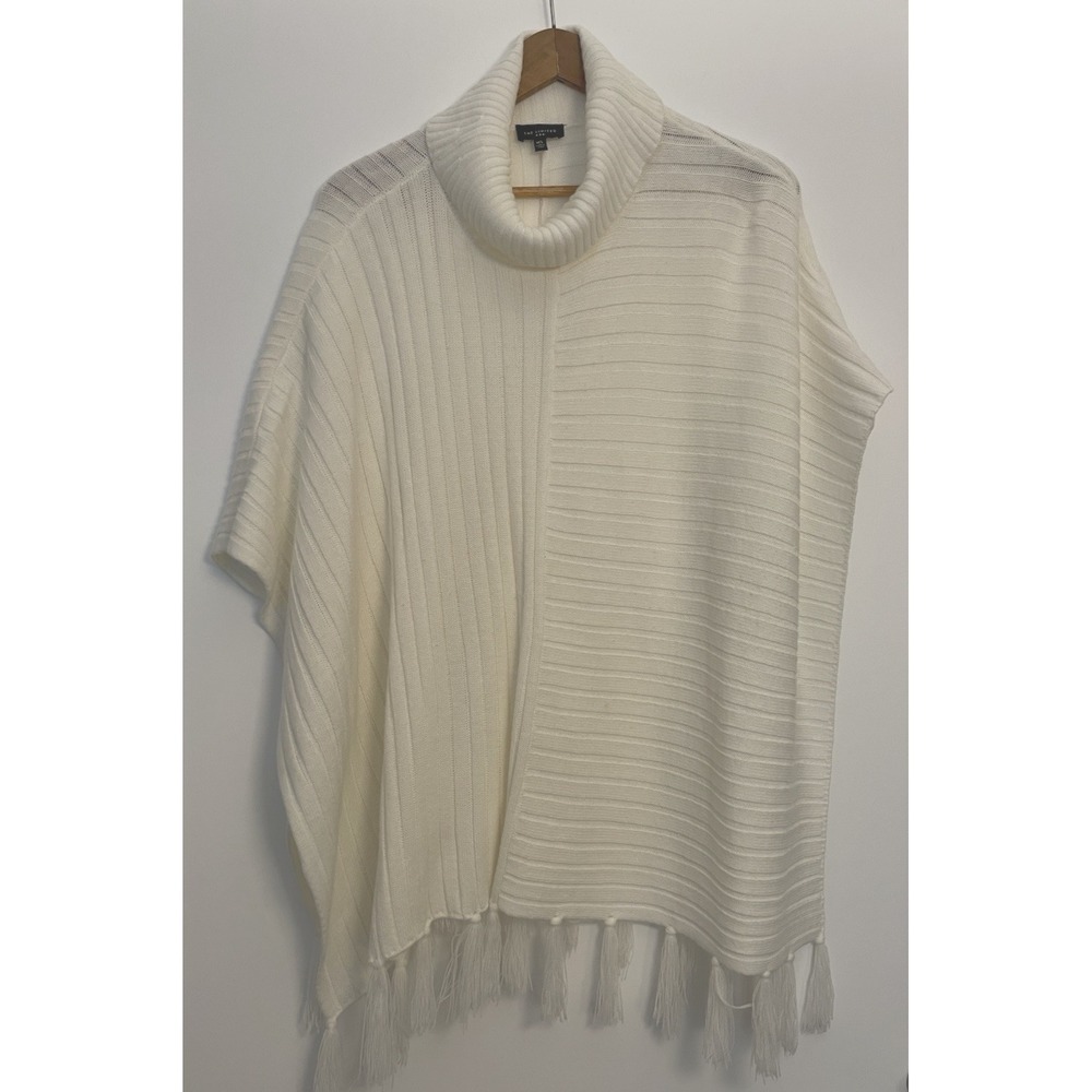 The Limited Women's Cowl Neck Knitted Poncho Size‎ M/L Fringe Ivory Acrylic Boho